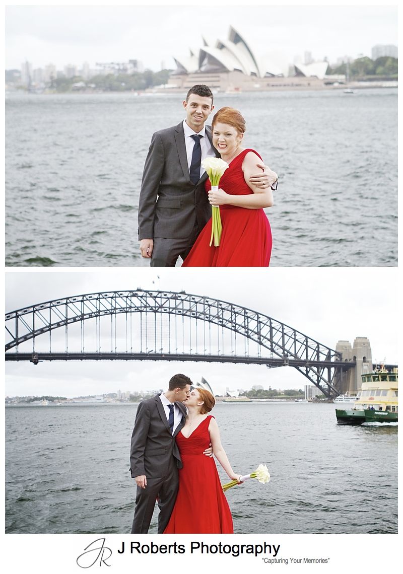Bride and groom with bride in red dress on sydney harbour - sydney wedding photography 